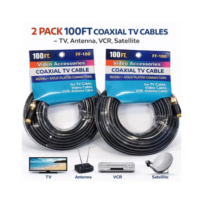 2 Pack   100 FT RG-59U Coaxial TV Cable (200 FT Total)   Gold F Connectors   New