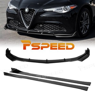 Glossy Black Front Bumper Spoiler Lip For Alfa Romeo Giulia 2017-2021+Side Skirt