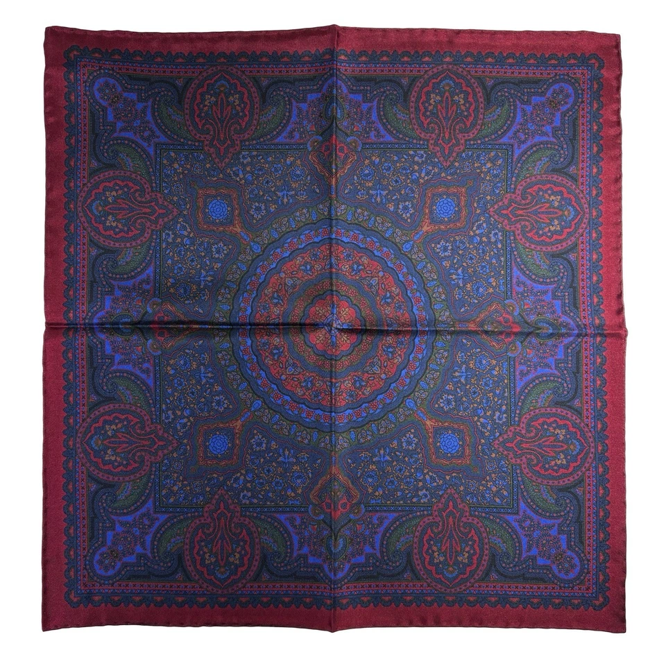 Cuadrado de Bolsillo Borgoña y Azul Geométrico Floral Antiguo Madder Seda (Enrollado a Mano) Foto 4 de 4