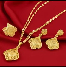 24k Dubai Gold Plated Women Necklace Earrings Ring Jewellery Set For Party Gift