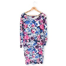 Ladies White Blue Pink Floral Long Sleeved Stretch Midi Dress Size UK 20 EU 48