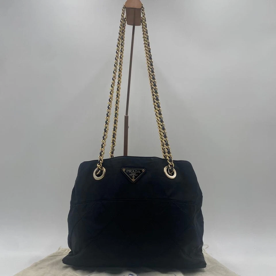 Bolso de Hombro PRADA Tessuto Nylon Acolchado Cadena Dorada Cuero Saffiano Negro Foto 3 de 4