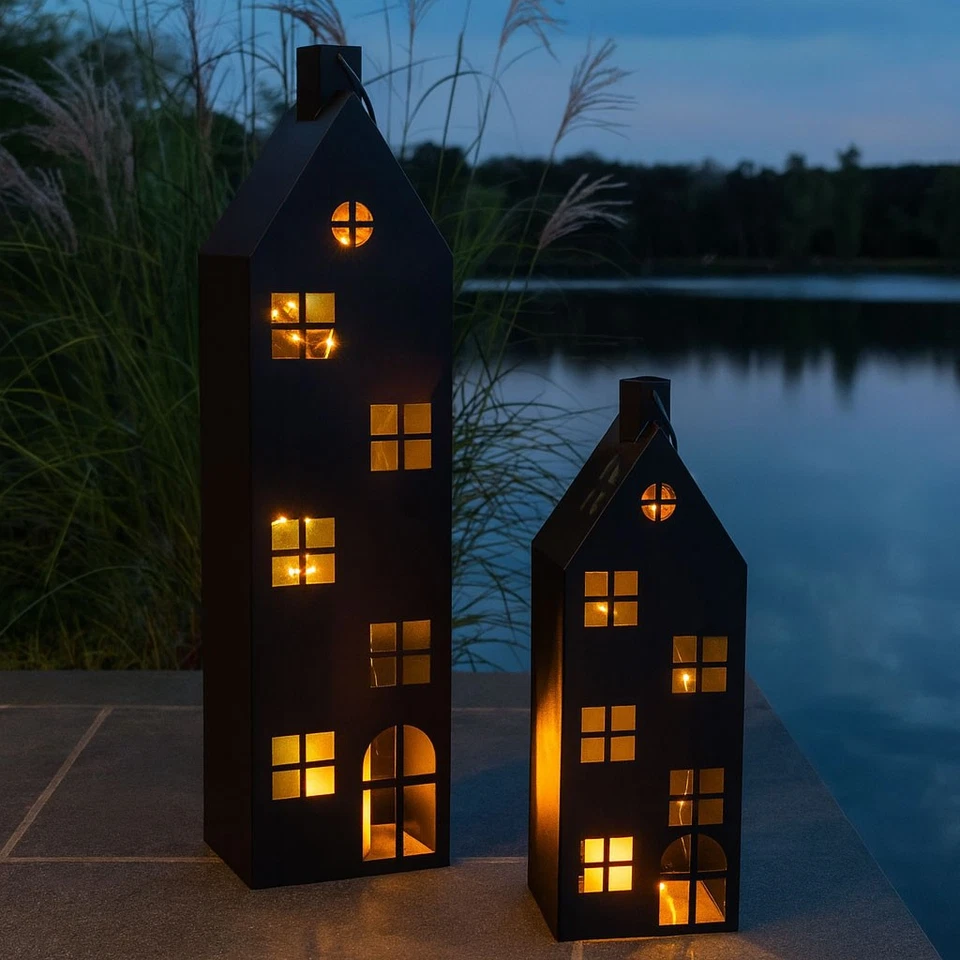 Set 2 lanterne casa H65-95 cm metallo nero ruggine decorazione luce vento stile industriale - Immagine 4 di 4