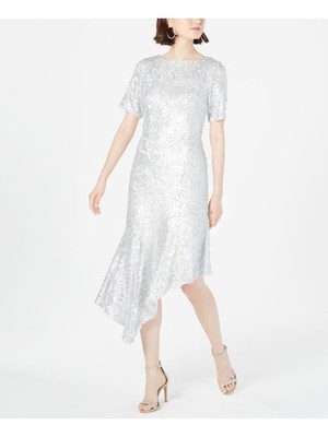 ADRIANNA PAPELL Womens Silver Short Sleeve Midi Party Sheath Dress 6