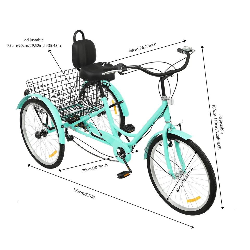 24 Zoll Dreirad Für Erwachsene 7-Gang Senioren 3-Rad Fahrrad Mit Einkaufskorb - Bild 3 von 4
