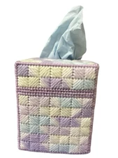 Vintage Handmade Geometric Square Plastic Canvas Knit Tissue Box Holder W/tissue