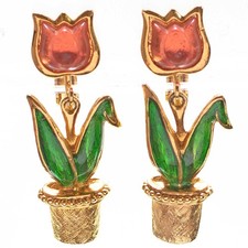 Vintage Earrings Dangle Drop Pink Lucite Tulip Flower Gold Tone Spring Easter