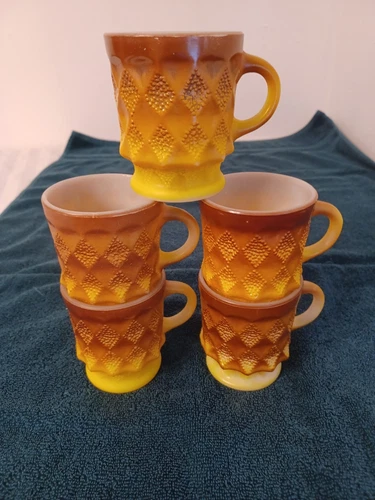 VINTAGE ANCHOR HOCKING FIRE KING DIAMOND KIMBERLY MUGS SET OF 5