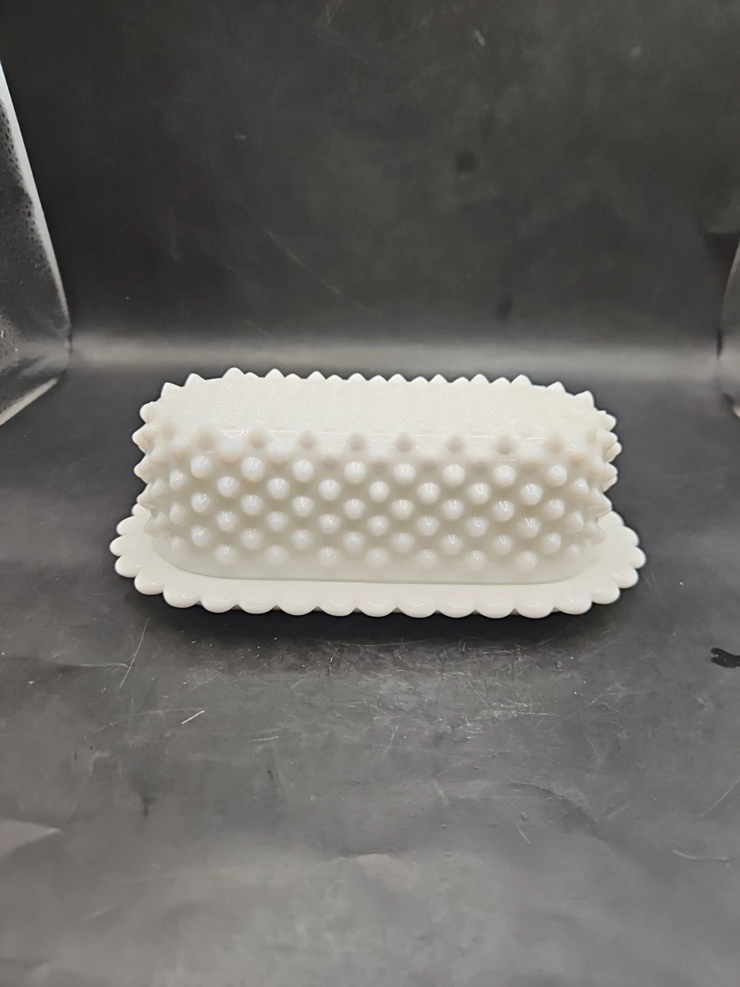 Vintage Fenton Hobnail Milk Glass Covered Butter Dish With Scalloped Edge RARE!