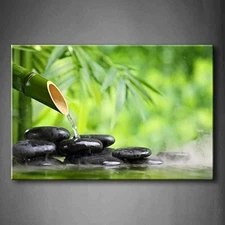 Green Spa Still Life with Bamboo Fountain and Zen Stone in Water Wall Art Pai...