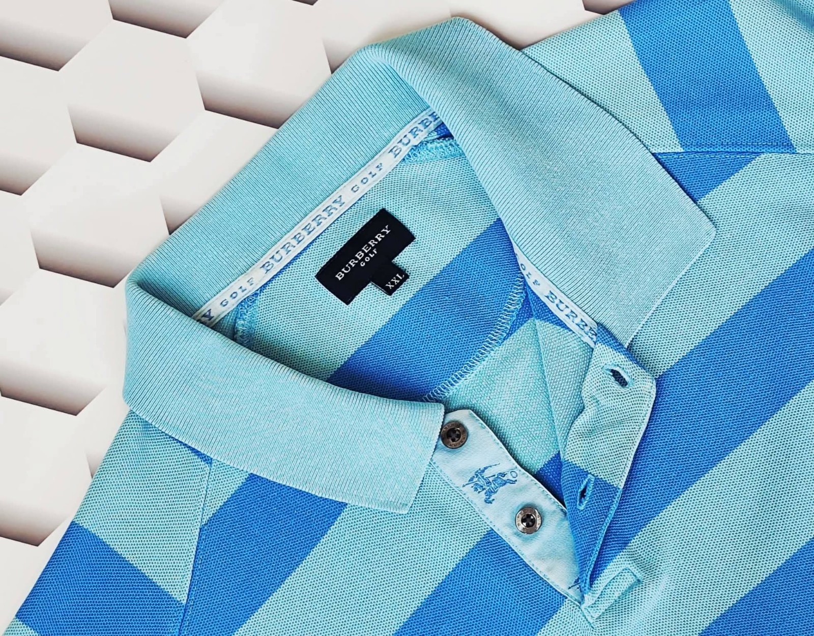 Burberry Golf Polo Vintage 90s Blue Turquoise Stripe XXL Cotton Nova Check VGC image 4