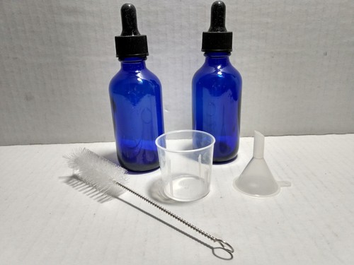 Cobalt Blue Glass Bottles With Glass Eye Droppers, Funnel, Brush, Meas. Cup~ New