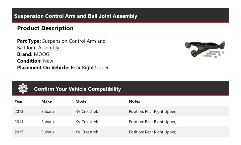 For 2013-2015 Subaru XV Crosstrek Control Arm Rear Right Upper MOOG 2013 2014 - Image 2 of 4