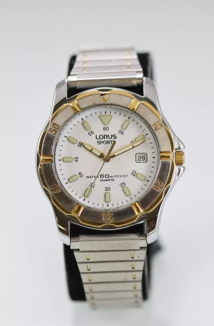 Lorus Sports Watch Men Stainless Steel Silver Gold 50m Battery