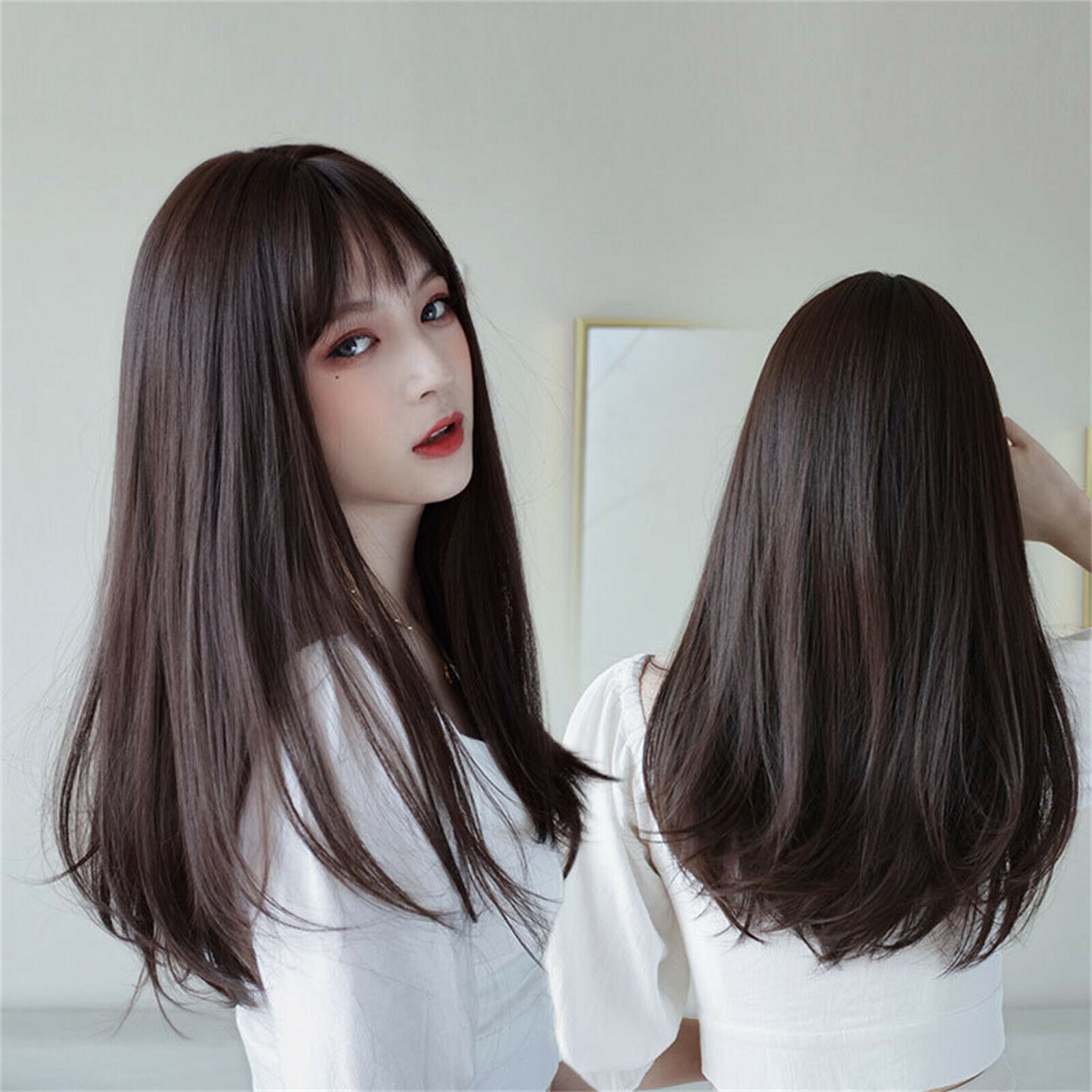 Women's Natural Mid Length Hair With Bangs Long Straight Hair Full Headgear  Wig | eBay