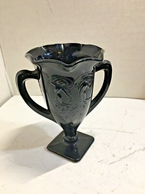 VINTAGE LE SMITH BLACK GLASS LOVING CUP TROPHY VASE WITH DANCING NYMPHS