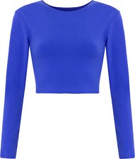 New Womens Crop Basic Long Sleeve T Shirt Ladies Short Plain Round Neck Top 8-14