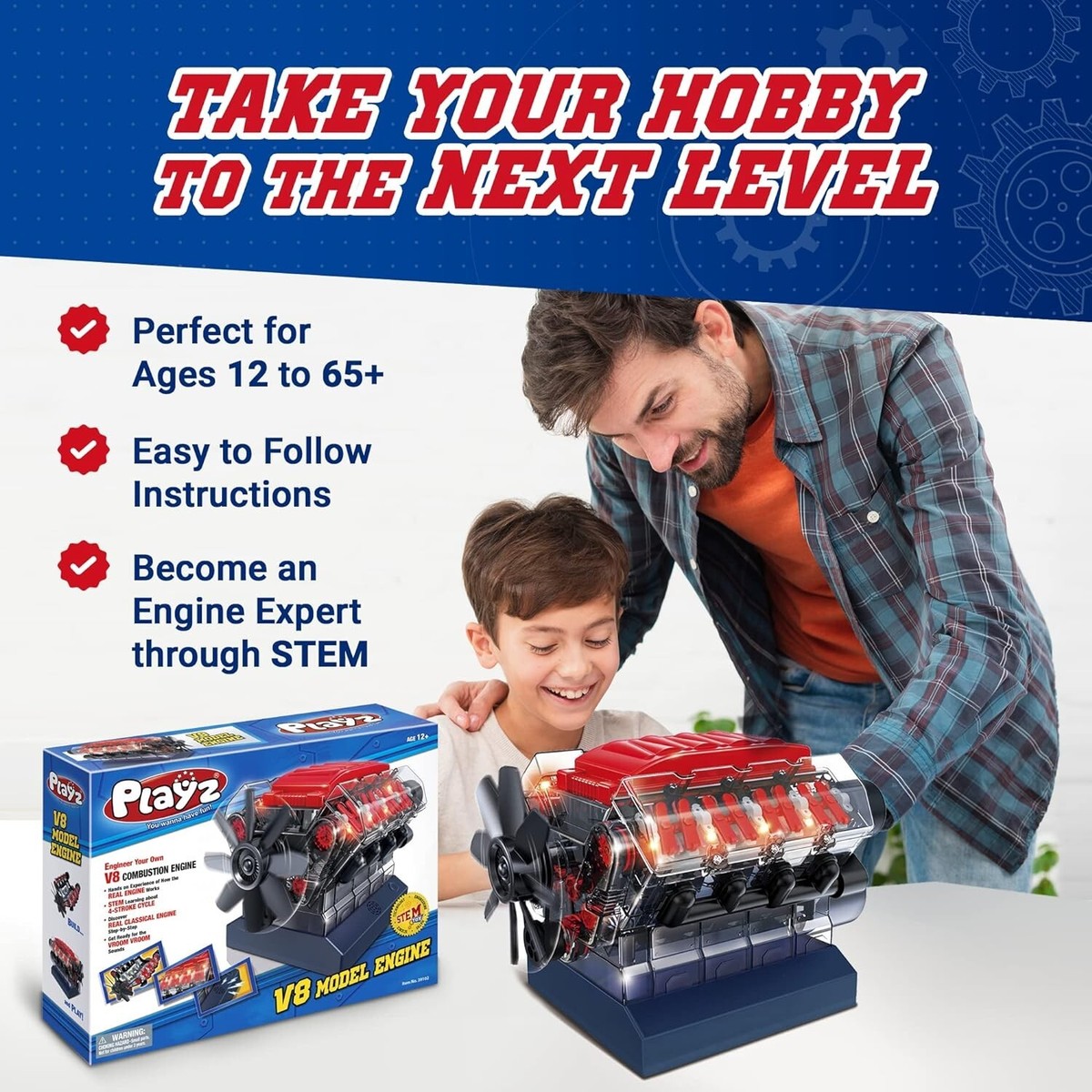 Playz V8 Combustion Engine Model Kit – 270 Pieces, STEM