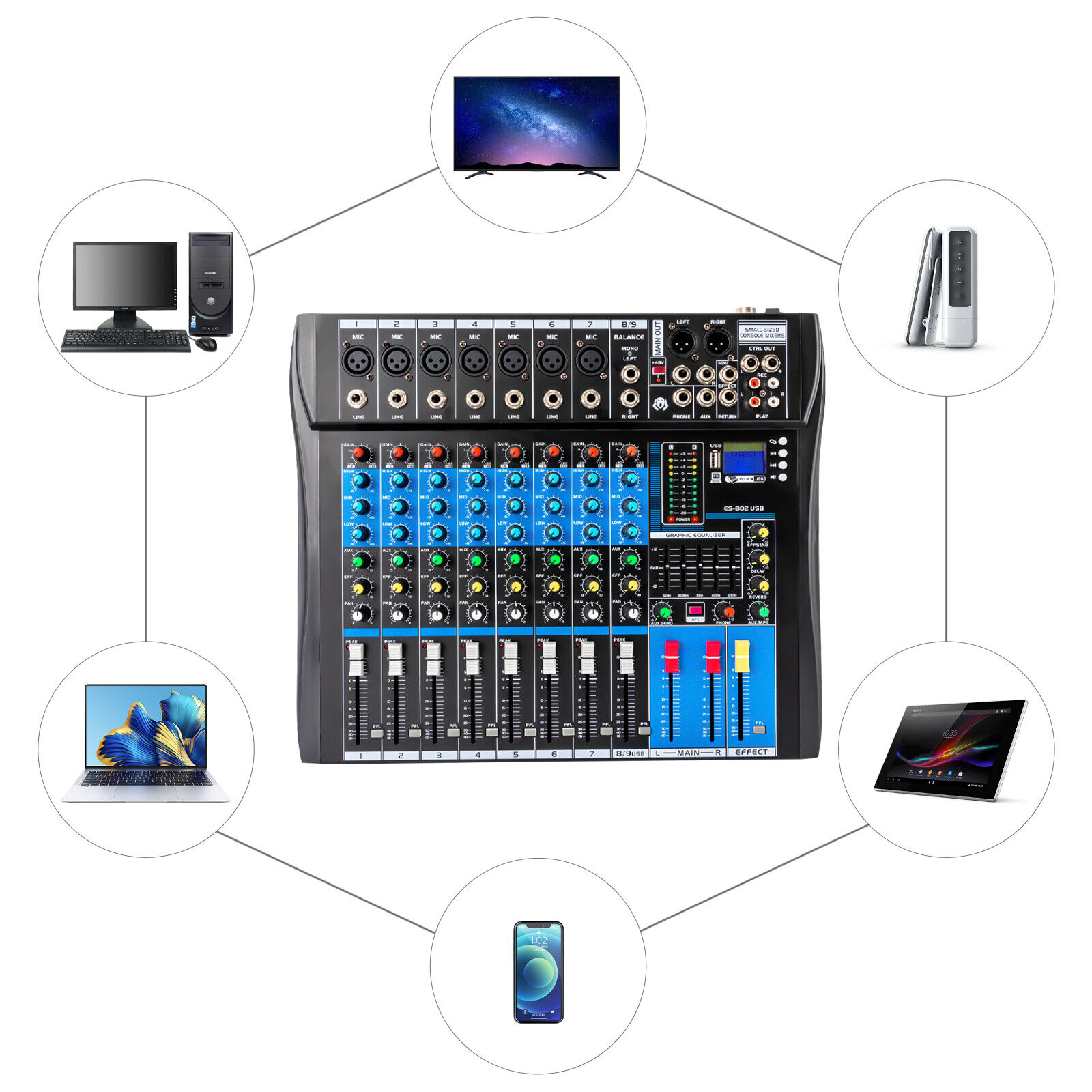 8 Channel Professional Bluetooth Live Studio Audio Mixer USB Mixing Console