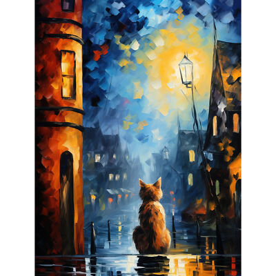 Eine Straßenkatze namens Wunsch Gemälde Ingwer Katze Dorf Nacht Leinwand Poster Kunst