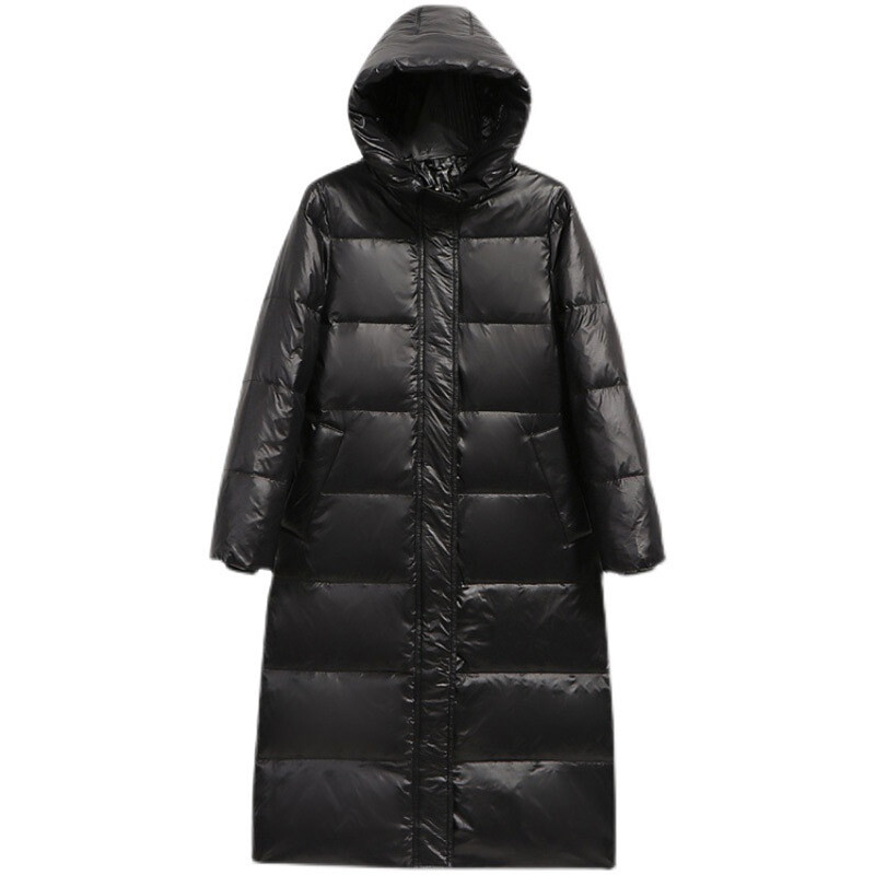 Women Winter Long Line Parka Black Quilted Coat Hooded Ladies Warm