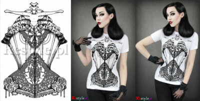 Restyle Gothic T-Shirt Korsett Skelett Print Rundhals U-Ausschnitt Weiss Kurzarm