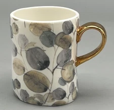 Pier 1 Imports Ceramic Coffee Tea Mug Cup Leaves Leaf Sleek Modern Gold Handle