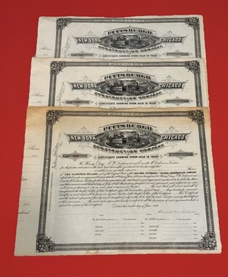 1881 NY Pittsburgh & Chicago Construction Stocks (3) E M Culver Trustee Golden Age