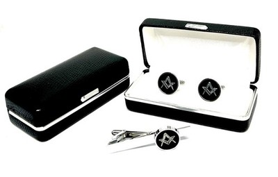 FREIMAURER Freimaurer Manschettenknöpfe & Krawattenklammer SET, mit Quadrat & Kompass Emblem BE102