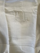 VINTAGE FRENCH SUPERB WHITE LINEN SHEET MONOGRAM PL LADDERSTITCH  204 x 343cm 