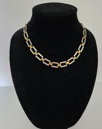 Vintage Mexican Bar Link Necklace Sterling Silver Gold Wash 18" Rectangular