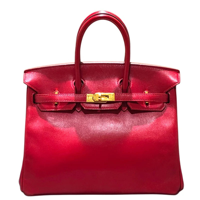 HERMES Birkin 25 Red Tadelakt Leather Handbag #OKB363