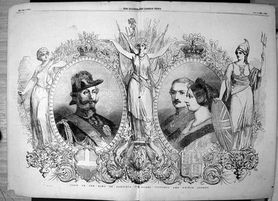 Alter antiker Druck Besuch König Sardinien Königin Victoria Prinz Albert 1855 19.