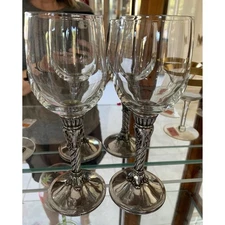 Set Of 2 BRIGHTON WINE GOBLET GLASS CELEBRATION ORNATE PEWTER STEM 8"