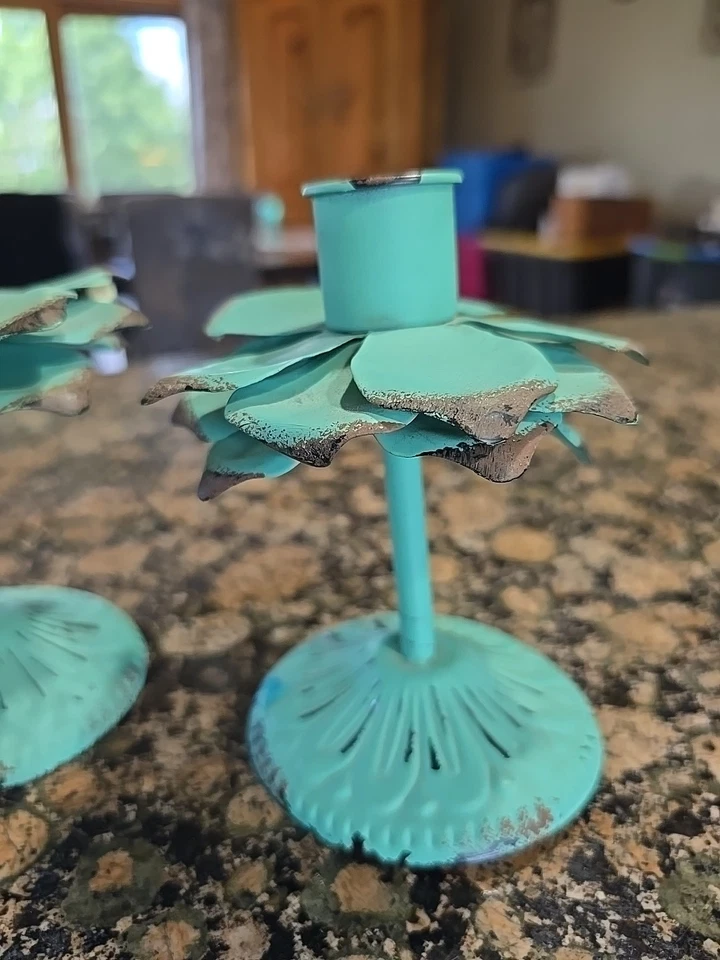 Teal Rustic Light Metal Candlestick Holders Farmhouse Decor 5 1/4 in Tall - Image 4 of 4