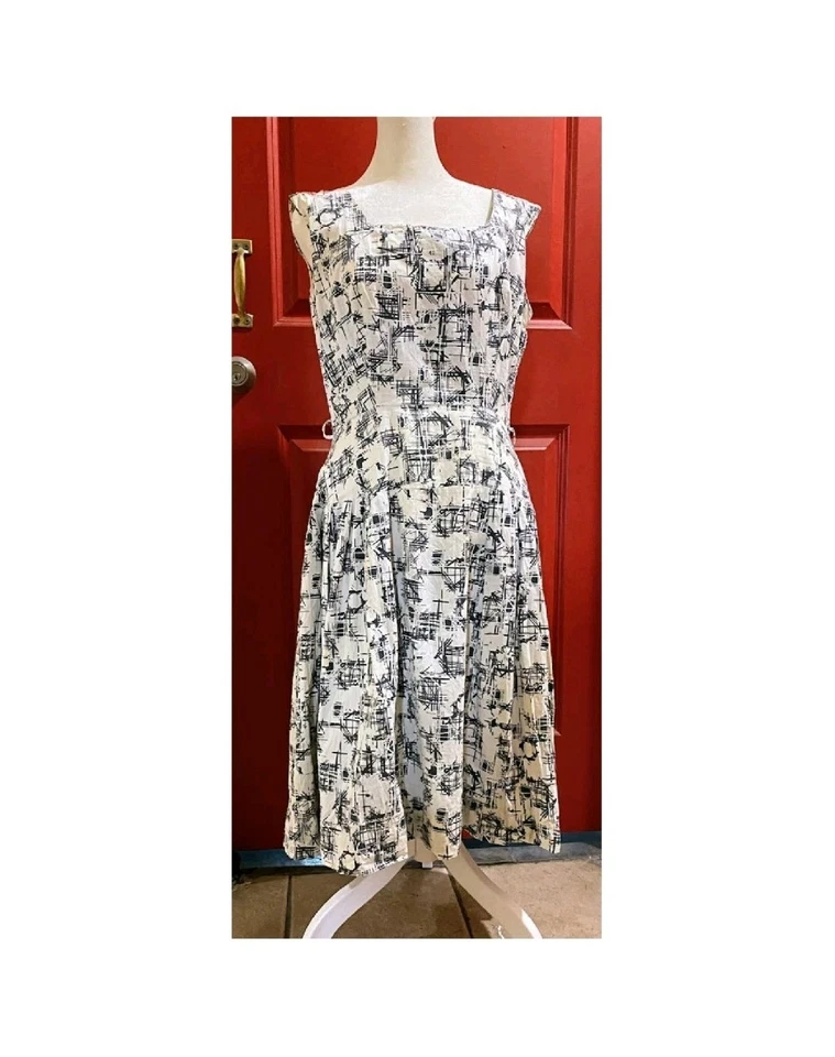 Vestido De Colección Años 50 Ajuste A Acampanado Algodón Blanco y Negro Abstracto Estampado Edad Atómica S Foto 2 de 4