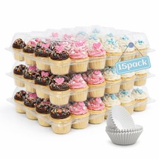 WIKDAY (24 Count x 15 Sets Plastic Cupcake Containers with Liners, Clear Cupc...