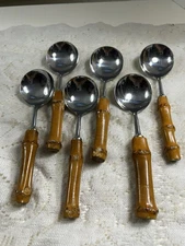 Vintage Bamboo Handled Flatware 6 Stainless Steel Soup Spoons MCMJAPAN UNF110