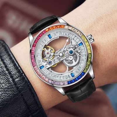 Luxury Skeleton Automatic Mechanical Watch Dual-Sided Transparent Case Gift