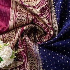 Sanskriti Vintage Blue Pure Satin Sarees Banarasi Brocade Zari Hand-Woven 4.89Yd