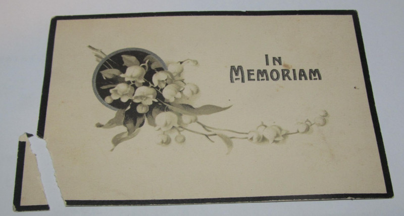 IN MEMORIAM - EUCHARISTIC FLOWERS MOURNING CARD OBITUARY (TORN CORNER)