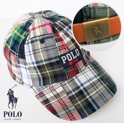 NP~145 Polo Ralph Lauren Patchwork Cap mit Leder, Kappe, Mütze Sommer Madras Hat