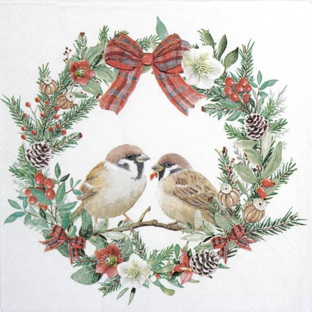 4x Cocktail Napkins 25x25cm Sparrows in wreath Design for Decoupage Winter Bird