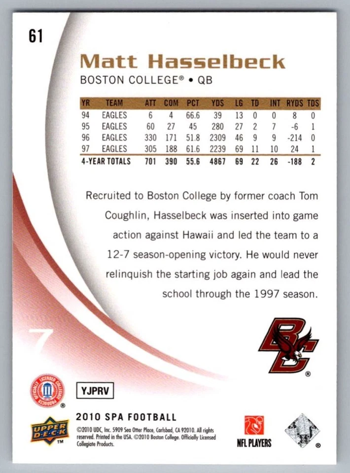 2010 SP Authentic Matt Hasselbeck Boston College Eagles #61 - Image 2 of 2