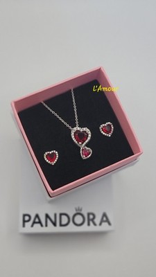 Authentic Pandora Red Halo Hearts Necklace & Earrings Gift Set 