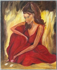 JL Diaz Spanish Woman Vintage Acrylic Painting, Signed, Barcelona 1979
