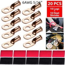10 6AWG Gauge Copper Ring Terminals 5/16" RED/BLACK Heat Shrink Tubing LUGS
