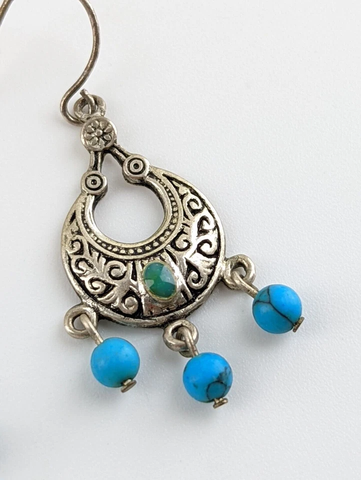 Silver Plated Vintage Mexican Bohemian Turquoise Chandelier Teardrop Earrings - Image 2 of 4