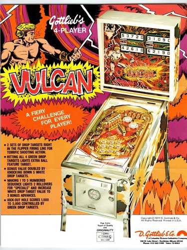 1977 Gottlieb Vulcan Pinball Flyer – Original Arcade Promo Sheet – 4 Player Game - Picture 1 of 2