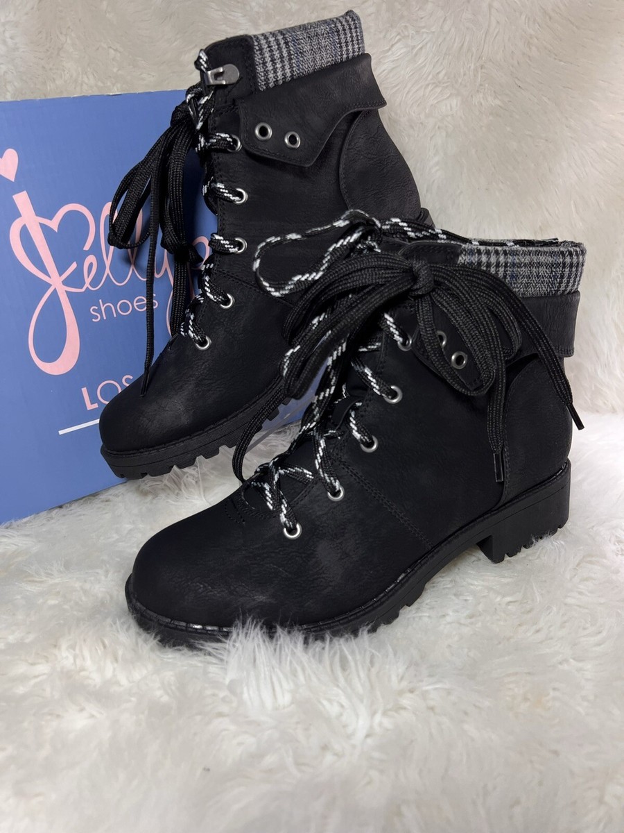 Jellypop Women's Ankle Boot Plaid Collar Lace Up Size